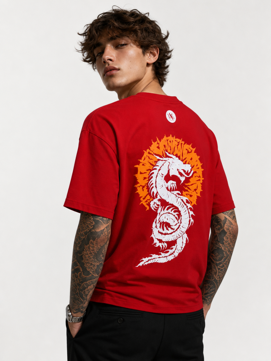 DRAGON ASCENSION OVERSIZED RED T-SHIRT | DRAGON GRAPHIC STREETWEAR